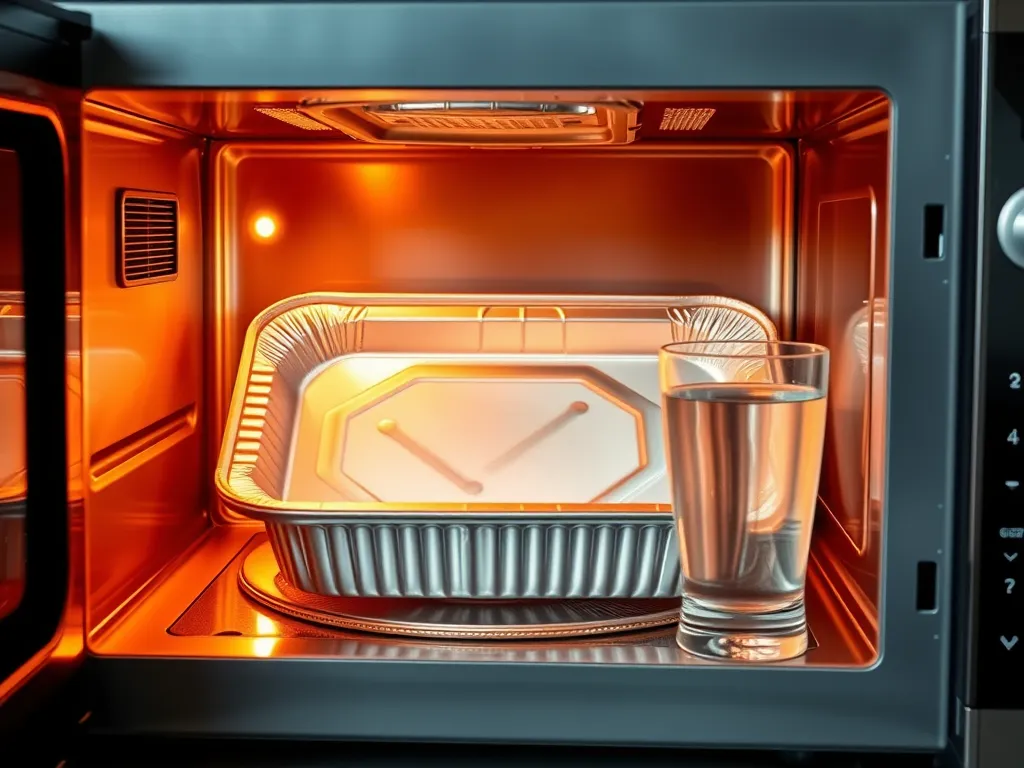 Aluminum tray in microwave with a glass of water, discussing safety of microwaving aluminum.