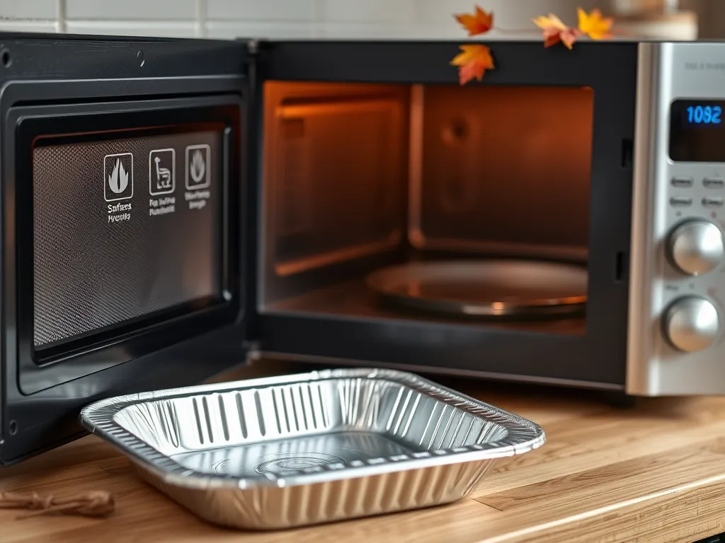 Aluminum tray inside a microwave, demonstrating safe practices for microwaving aluminum.