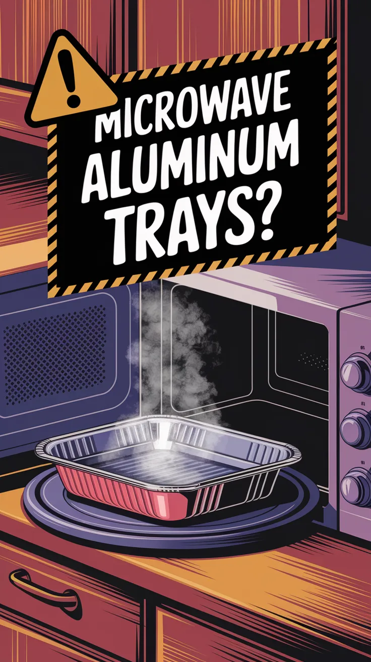 Aluminum tray in microwave with warning about microwaving aluminum trays.