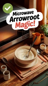 Bowls of arrowroot powder and utensils on a kitchen counter with a microwave.