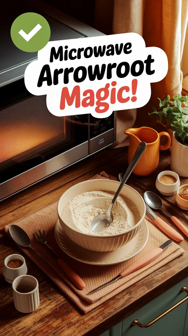 Bowls of arrowroot powder and utensils on a kitchen counter with a microwave.