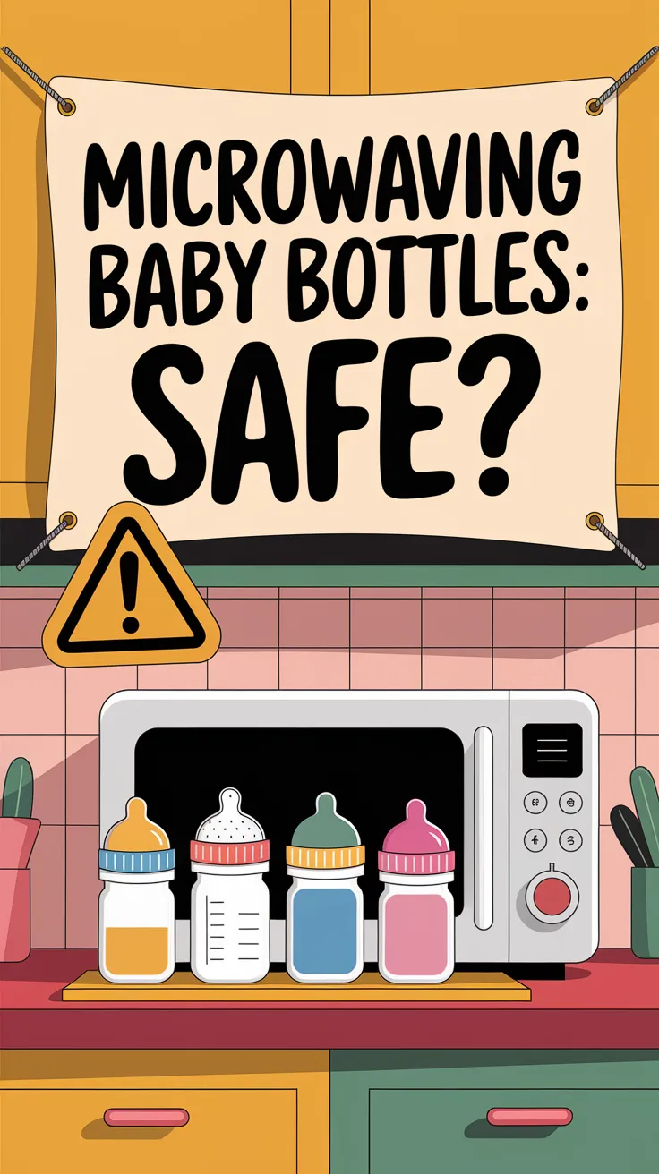 Illustration of baby bottles and a microwave discussing safety for microwaving baby bottles.