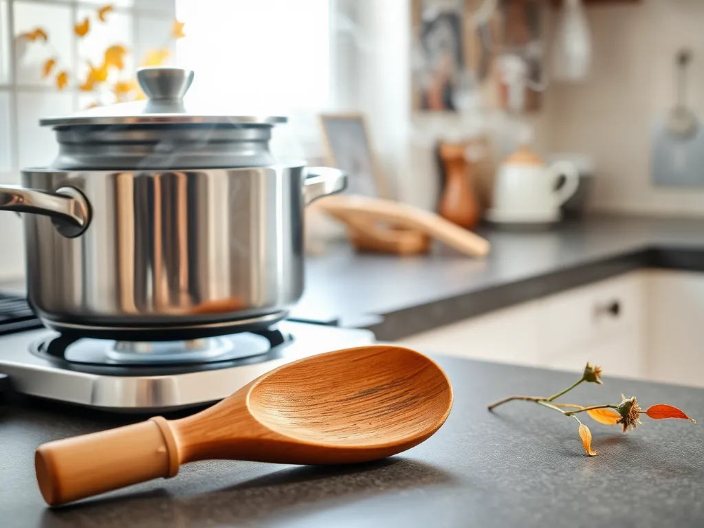 Bamboo utensils placed next to a pot on a kitchen counter