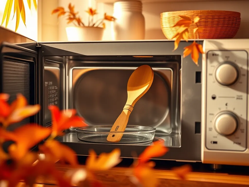 Bamboo spoon in a microwave for sanitizing