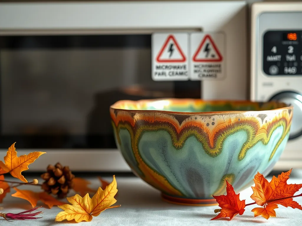 Ceramic bowl with metallic accents placed near a microwave, showcasing the risks of microwaving ceramics.