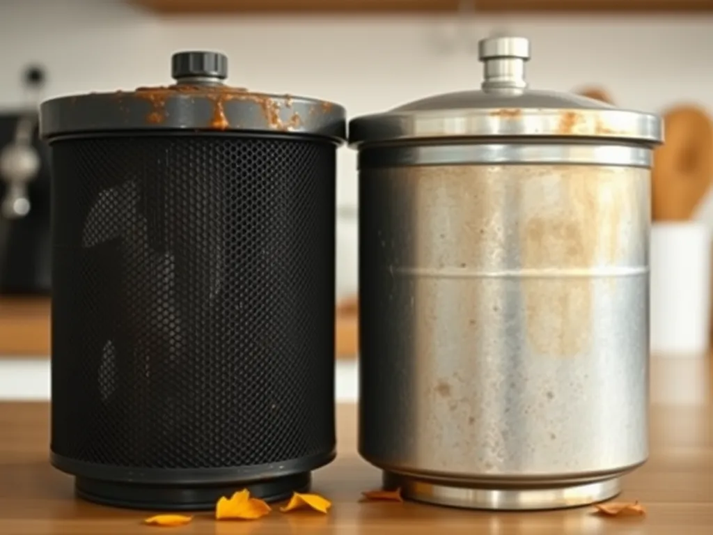 Two charcoal filters side by side, showing one in need of refreshment and the other cleaned, related to refreshing absorption.