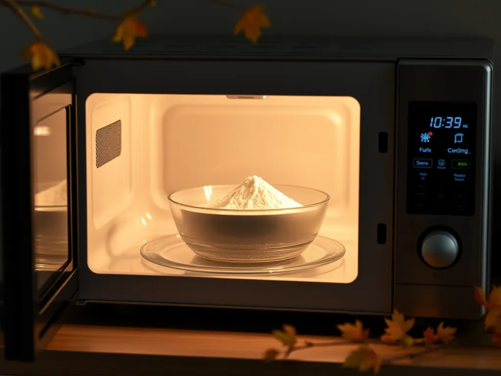A bowl of collagen peptides inside a microwave, exploring the effects of heating on protein denaturation.