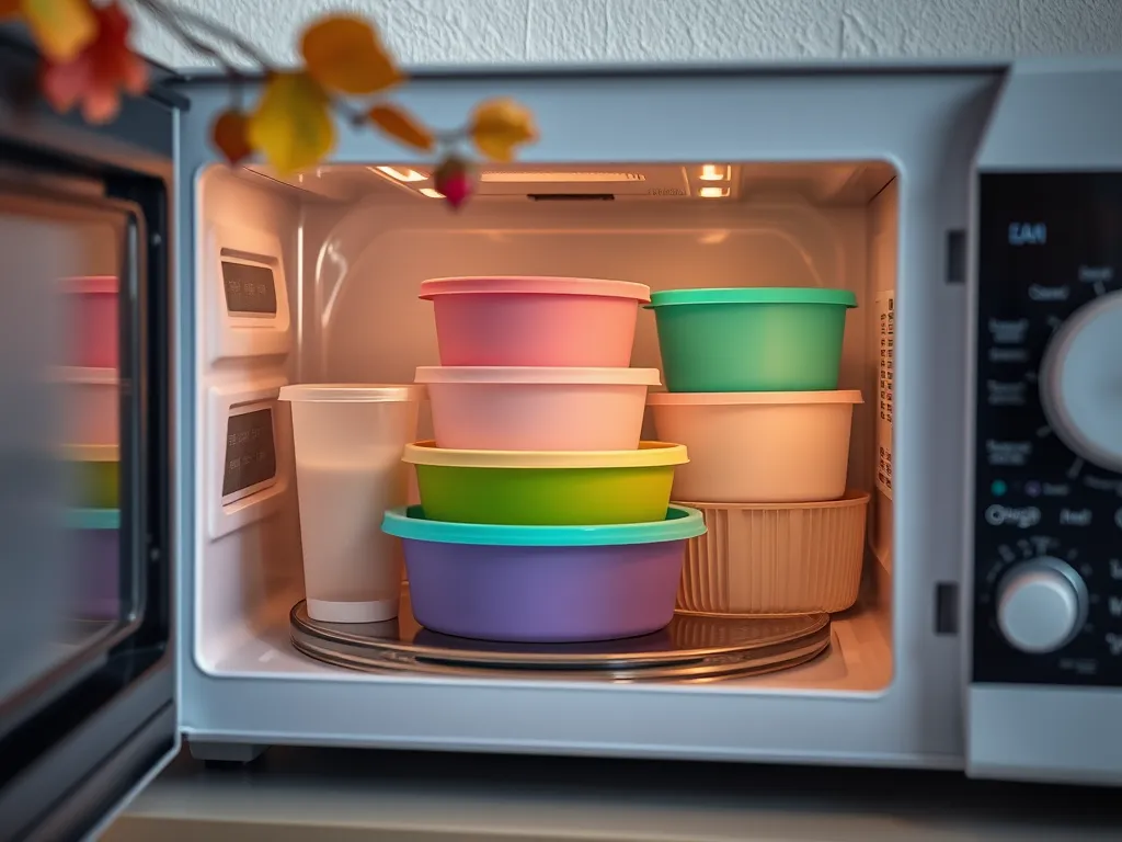 Microwave filled with colorful compostable containers highlighting dangers