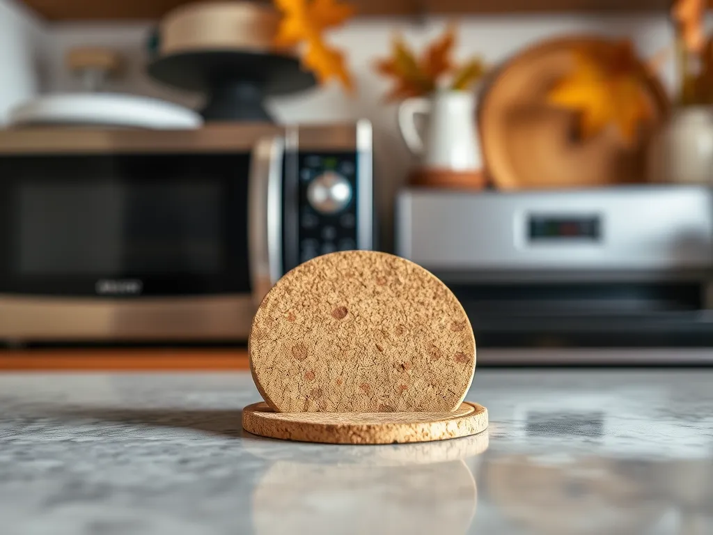 Cork coasters placed on a countertop near a microwave, discussing disinfection methods.