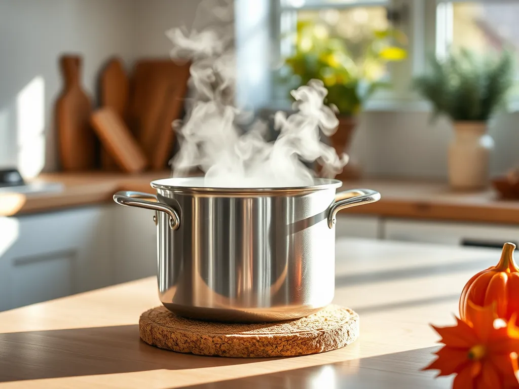 A pot steaming on a cork trivet, illustrating the process of sanitizing cork trivets in the microwave.