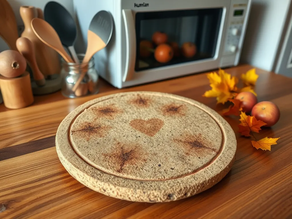 Cork trivet placed on a kitchen counter near a microwave, relevant to sanitizing cork trivets.