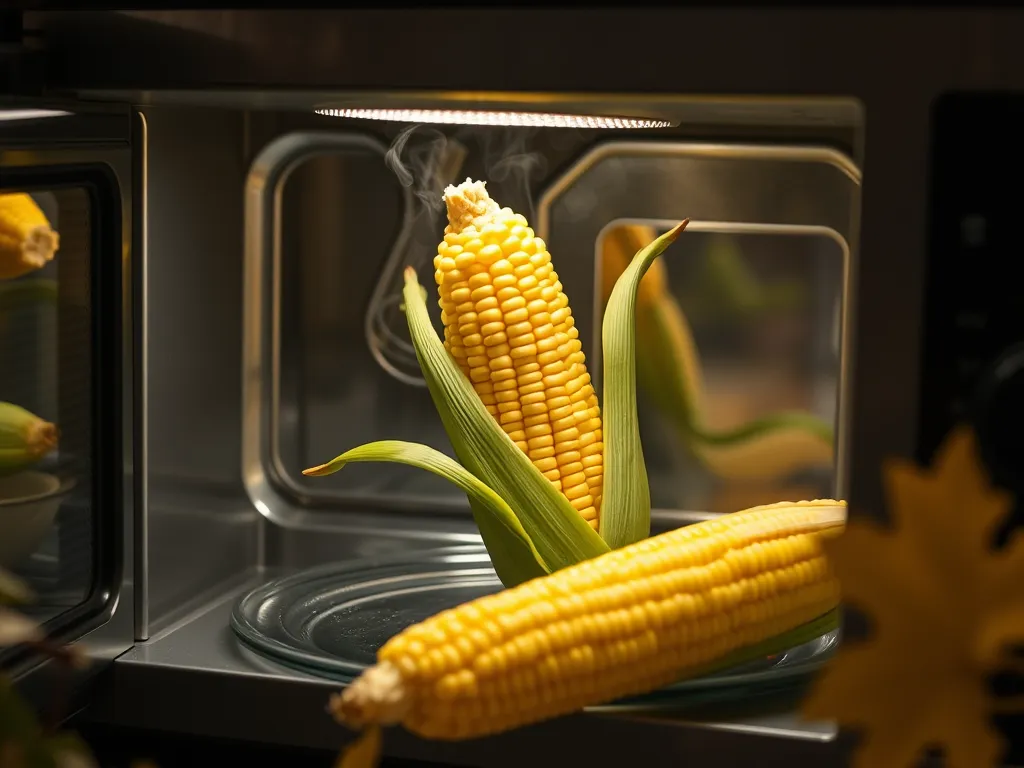 Fresh corn on the cob in husk being microwaved.