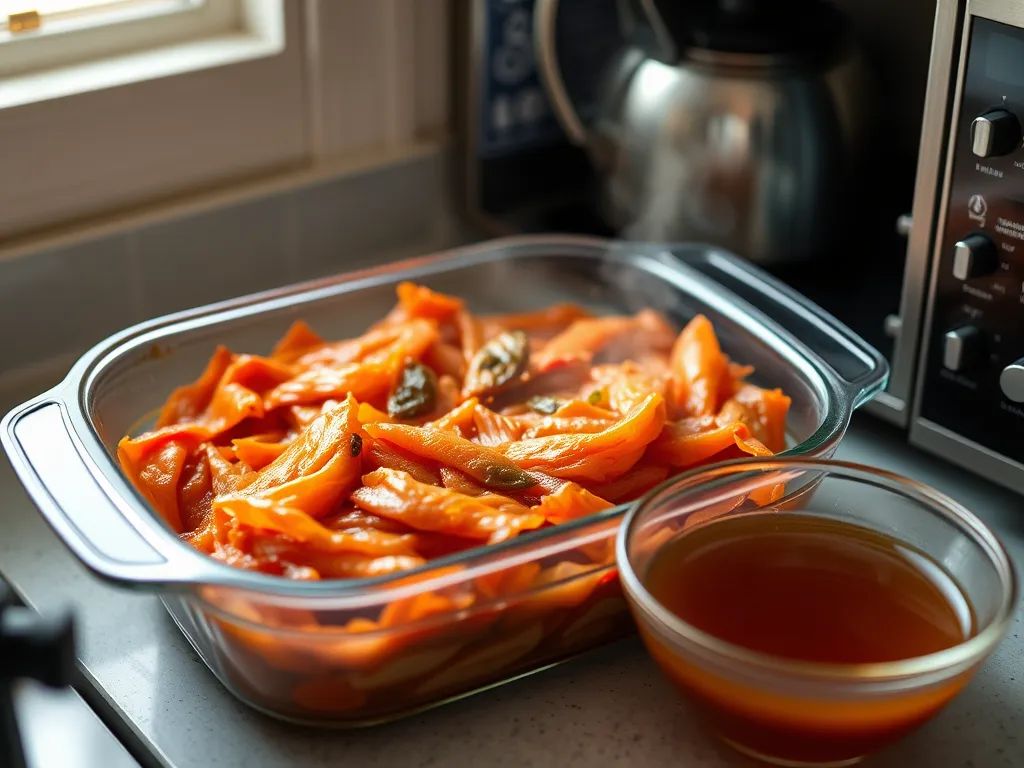 Steamed kimchi and sauerkraut in a glass dish, highlighting the process of microwaving fermented foods.