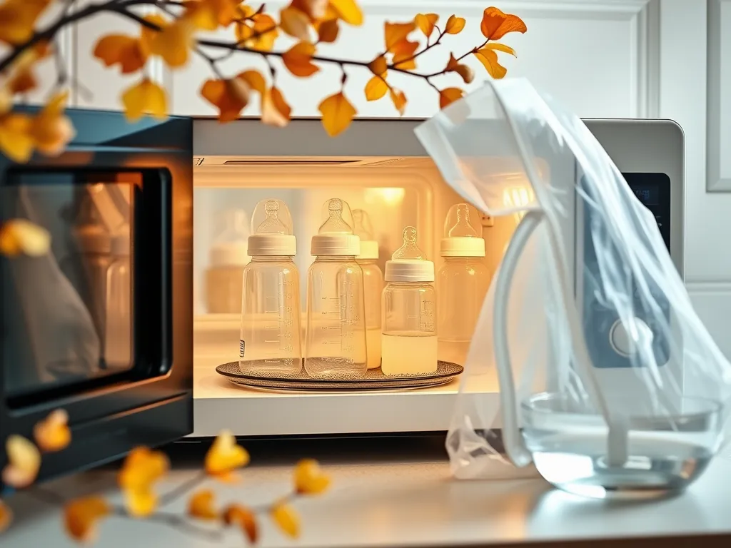 Glass baby bottles placed in a microwave for sterilization