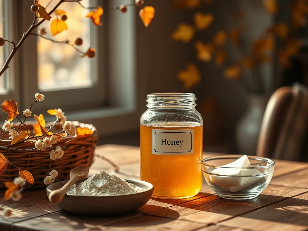 Glass jar of honey and ingredients related to the health effects of microwaving honey