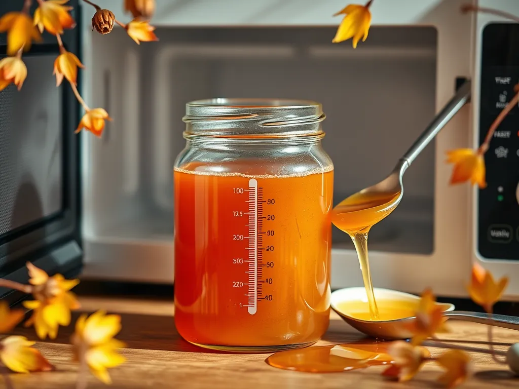 Jar of honey being microwaved, exploring the effects of microwaving honey on health.