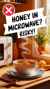 A bowl of honey with a warning symbol, emphasizing the risks of microwaving honey.
