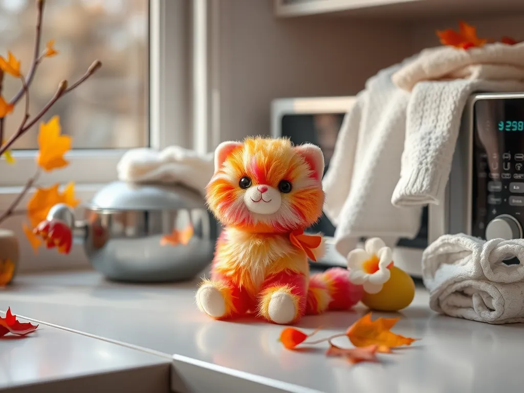 A colorful Jellycat plush toy in a kitchen setting, related to the question of whether Jellycats can be microwaved.