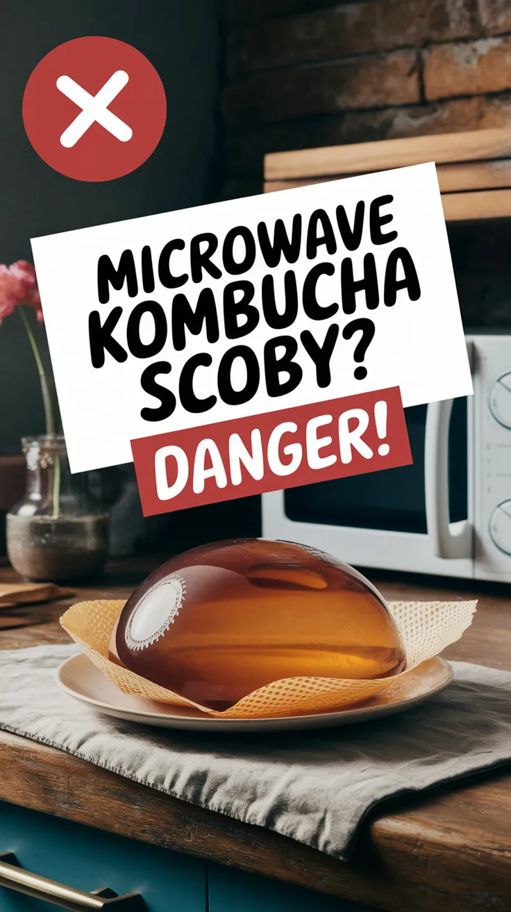 A kombucha SCOBY placed on a countertop with a microwave in the background, highlighting the dangers of microwaving it.