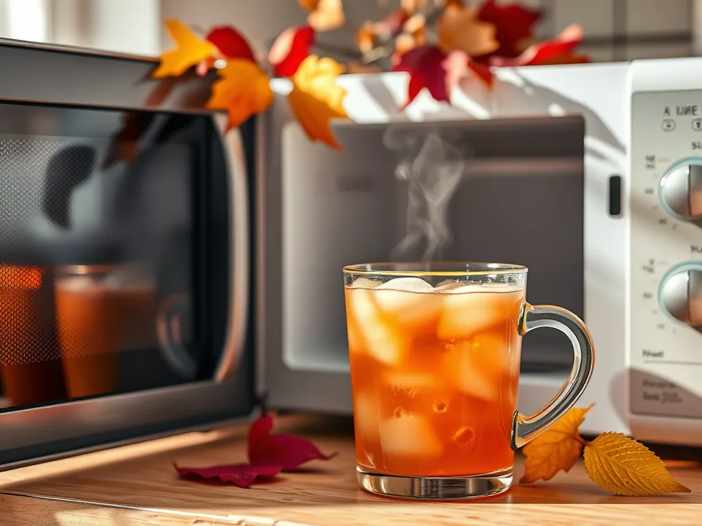 A steaming glass of kombucha next to a microwave, exploring if kombucha can be microwaved to reactivate probiotics.