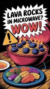 A grill with lava rocks being microwaved, illustrating the concept for reheating.