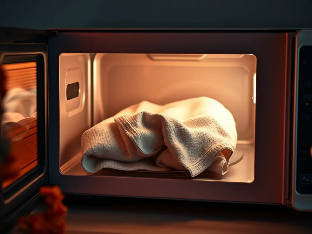 A linen towel inside a microwave, illustrating how to microwave linen towels for warmth.