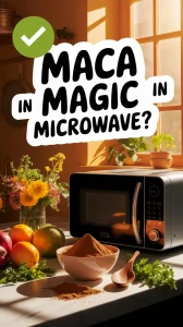 Maca powder in a bowl with fruits and a microwave in the background, exploring microwaving maca powder for recipes.
