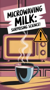 A cup of milk next to a microwave, illustrating the surprising science behind microwaving milk.