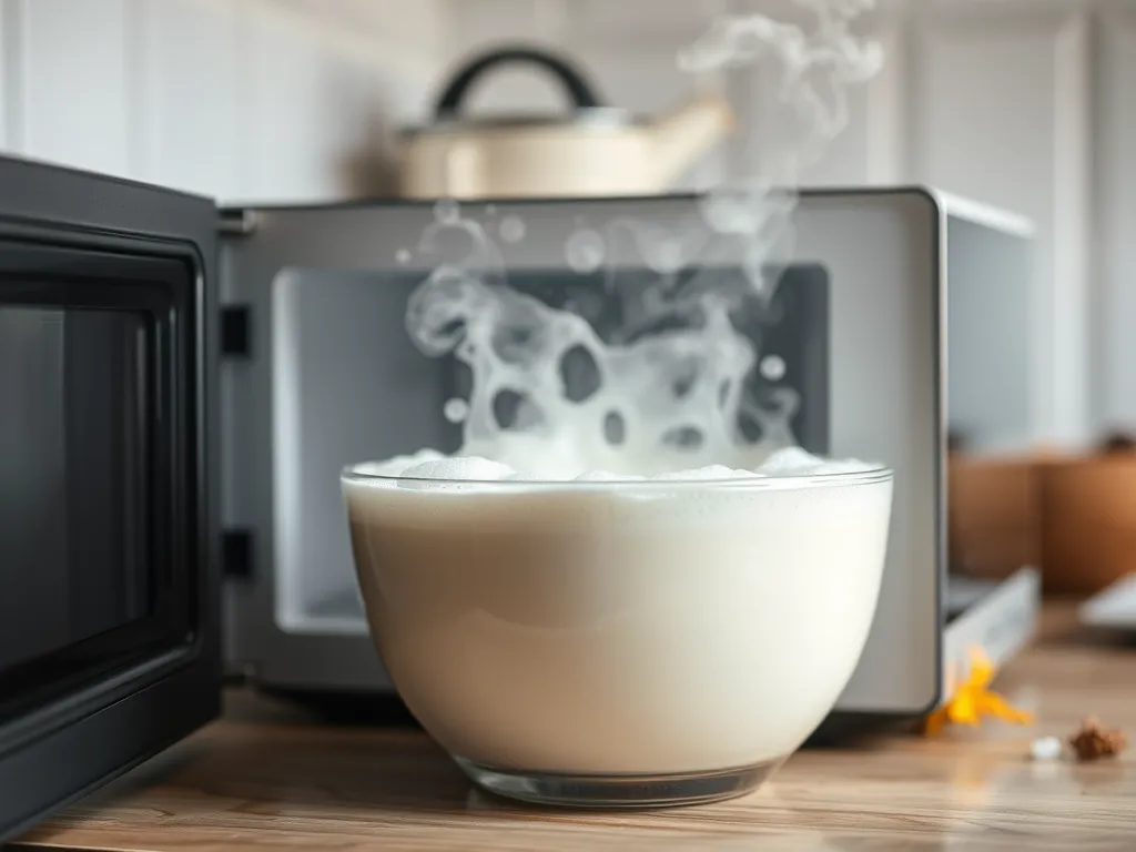 Bowl of steaming milk next to a microwave, illustrating the science behind microwaving milk.