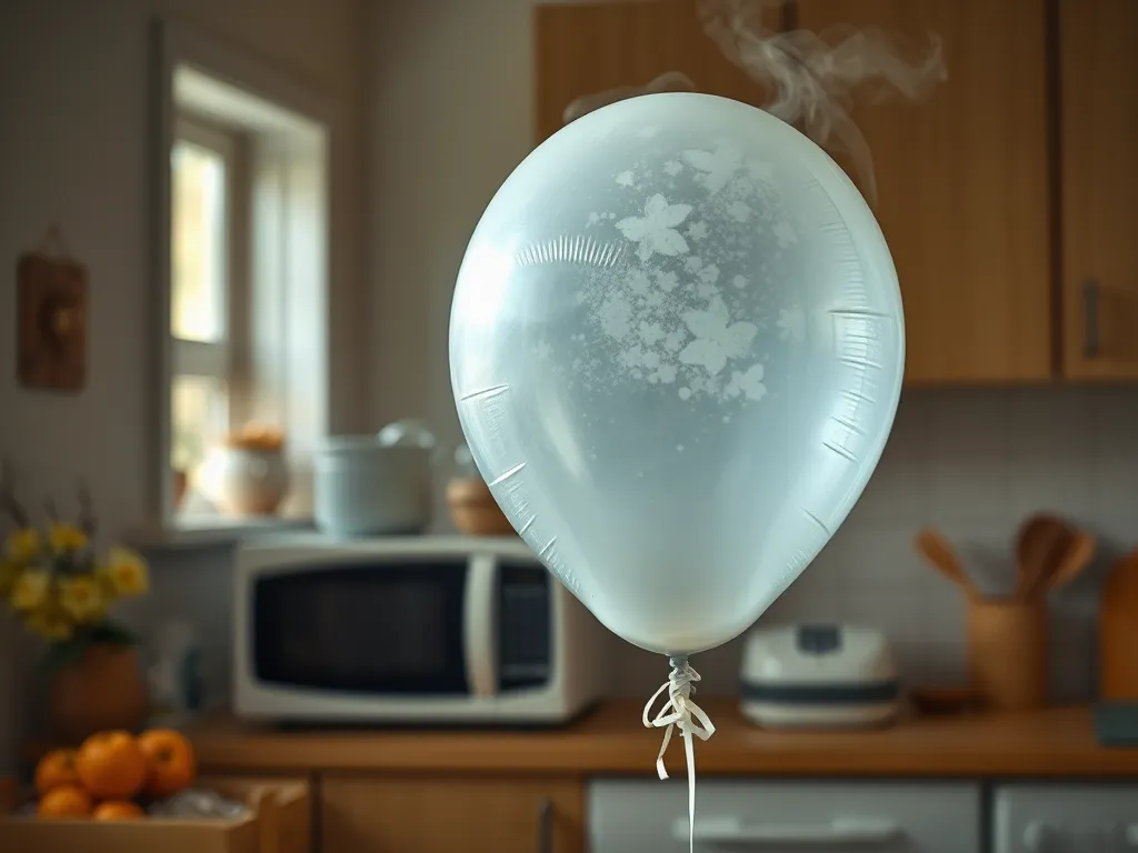 A Mylar balloon being microwaved, showcasing steam and deflation for safe disposal.