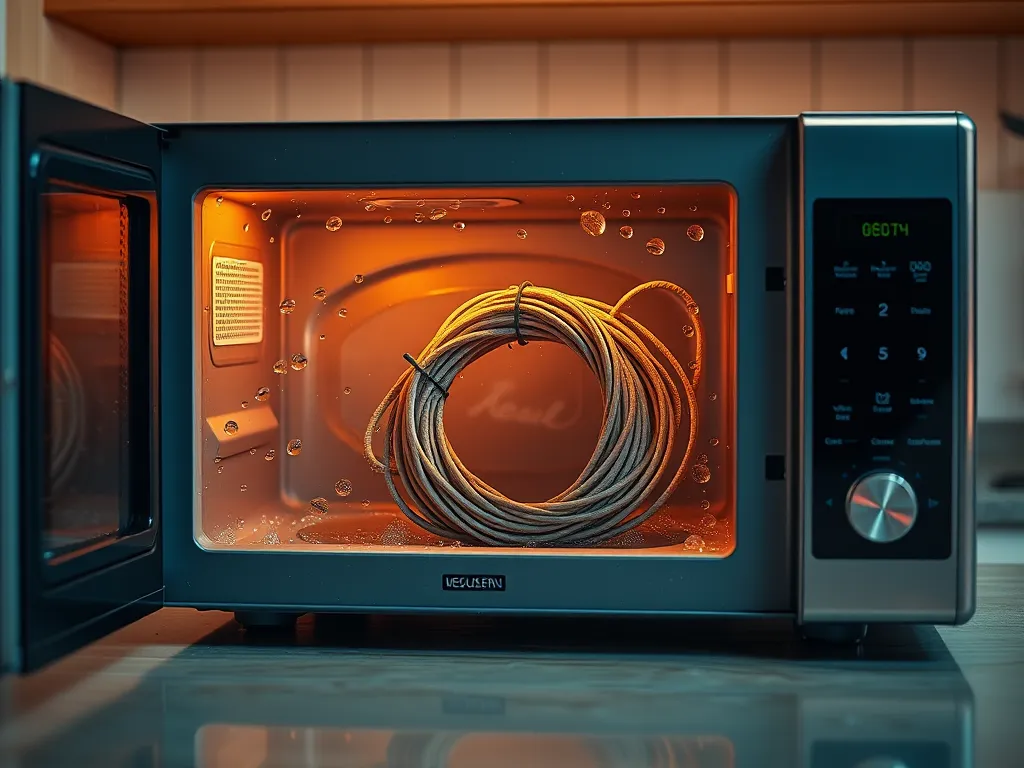 A microwave with paracord inside, demonstrating the process of using heat to remove moisture and mold.