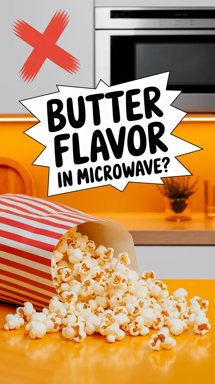 Microwaved popcorn bag spilling out with a warning about butter flavor.