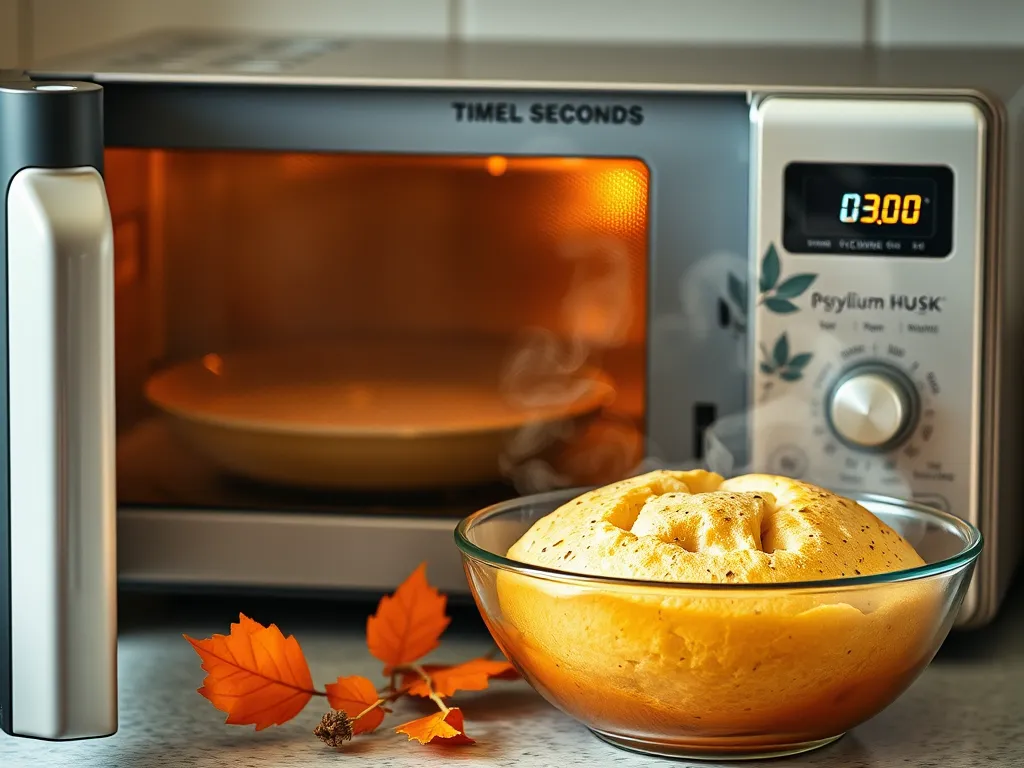 Bowl of microwaved psyllium husk mixture with a microwave in the background, related to baking.