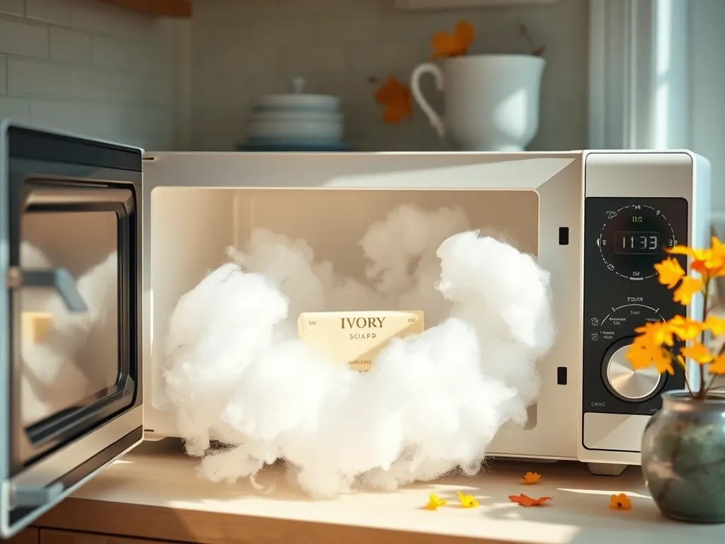 A bar of Ivory soap expanding in a microwave, demonstrating the viral cleaning hack.