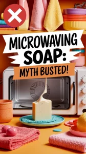 A visual representation of the microwaving soap myth with soap in a microwave, representing the viral cleaning hack.