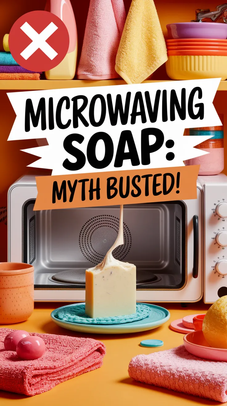 A visual representation of the microwaving soap myth with soap in a microwave, representing the viral cleaning hack.