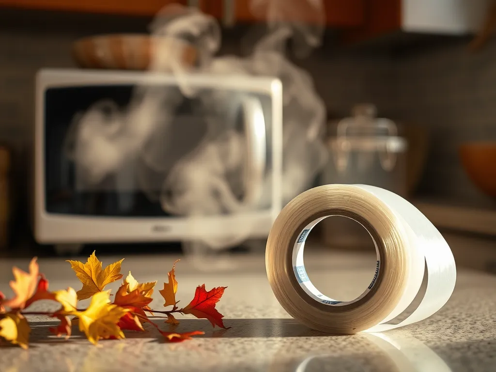 Roll of Teflon tape with steam rising, relevant to plumbing fixes and microwave usage.