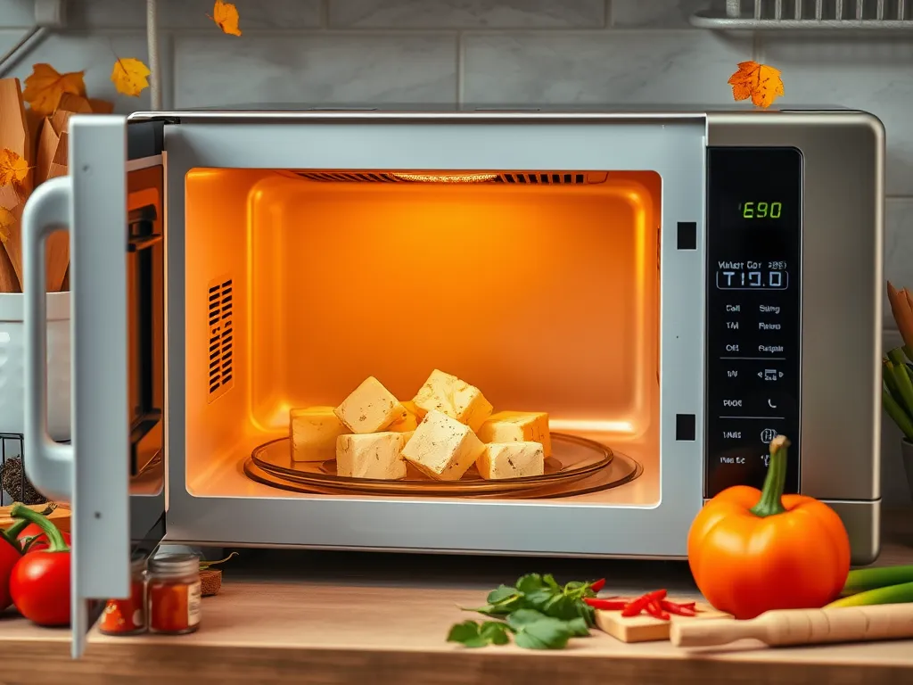 Tofu being microwaved for quick preparation in a microwave oven