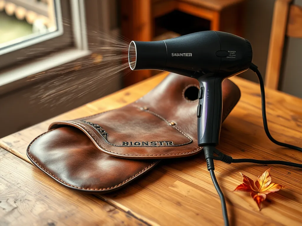 A hairdryer being used to soften vegetable tanned leather, highlighting the heating process