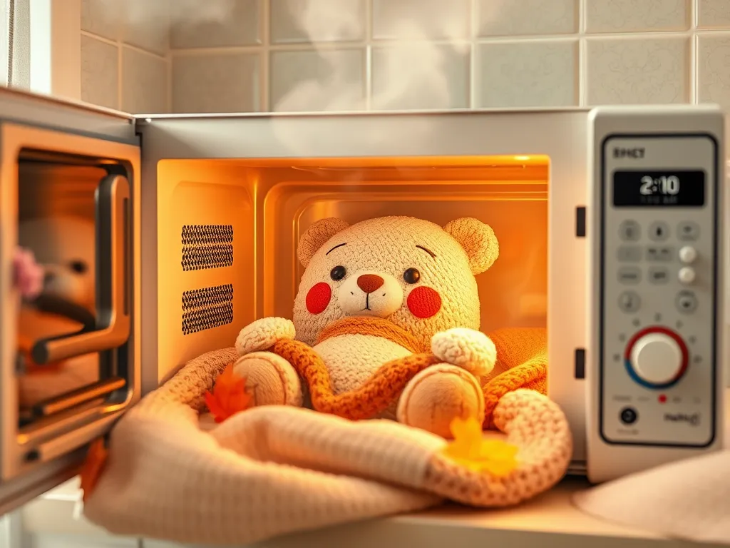 A warm teddy bear inside a microwave, depicting how to microwave warmies.