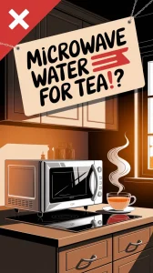 Microwave with steaming cup of tea, highlighting the hidden risks of microwaving water for tea.