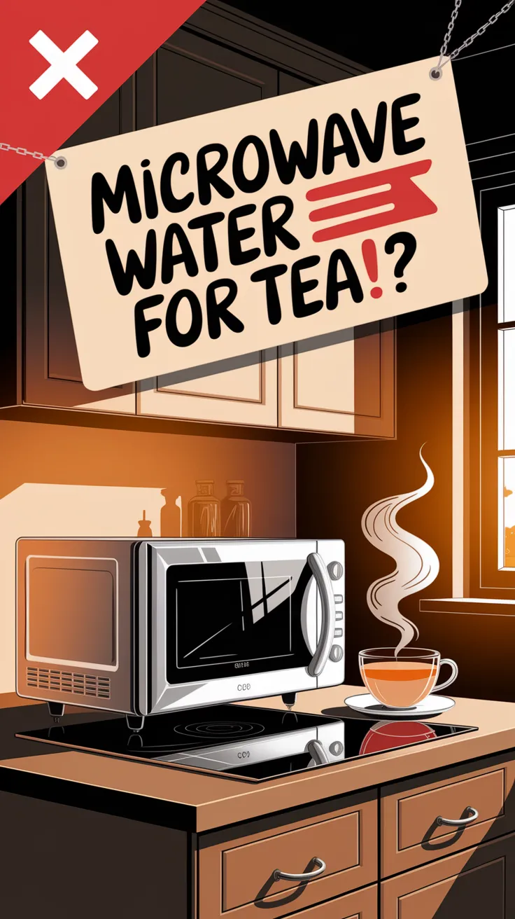 Microwave with steaming cup of tea, highlighting the hidden risks of microwaving water for tea.