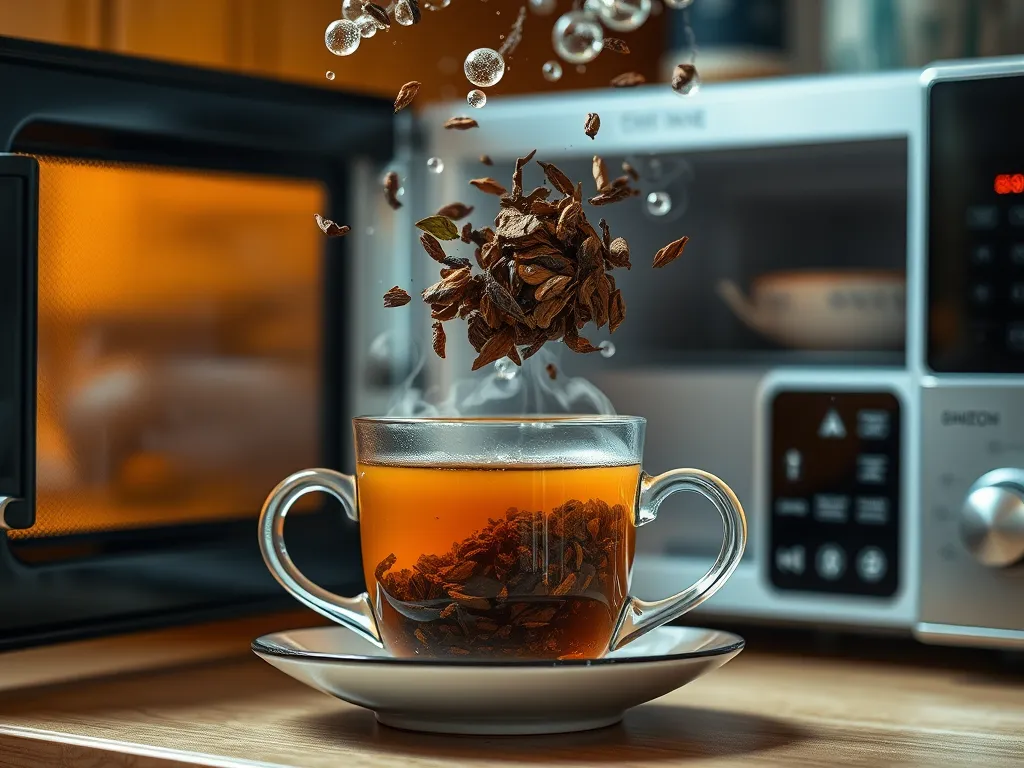 Cup of tea brewed with water microwaved, showcasing the hidden risks of microwaving water for tea.