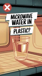 Illustration of a cup of water in a microwave with a warning sign, related to microwaving water in plastic and microplastics.