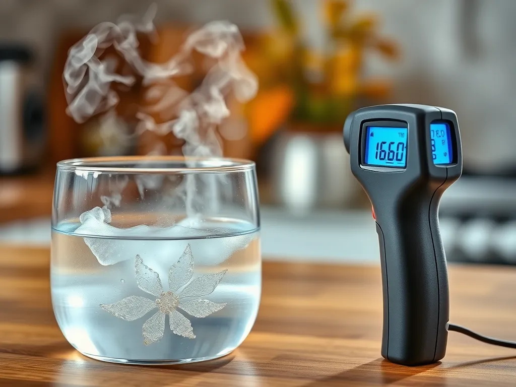 Image showing a thermometer measuring the temperature of water in a glass, exploring if microwaving water in plastic releases microplastics.