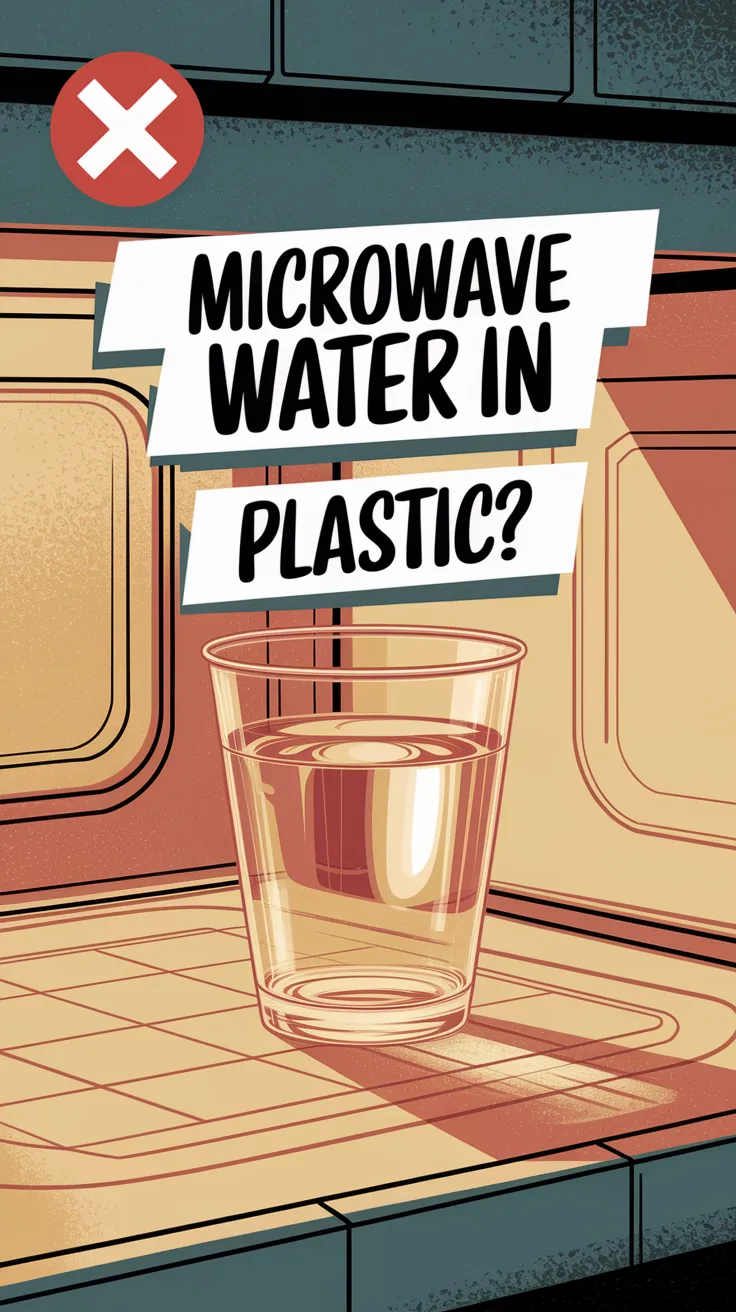 Illustration of a cup of water in a microwave with a warning sign, related to microwaving water in plastic and microplastics.