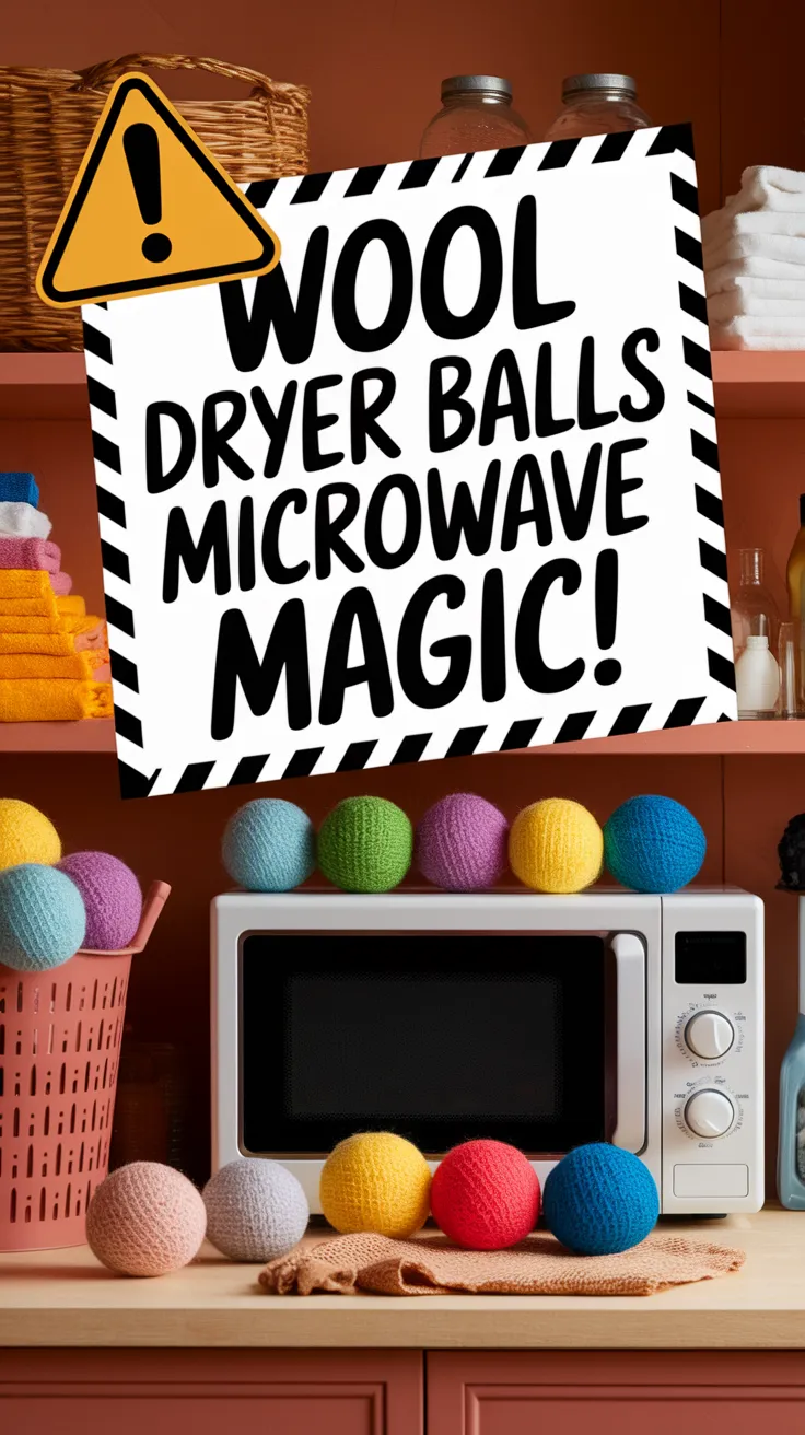 Colorful wool dryer balls next to a microwave for fluffing laundry