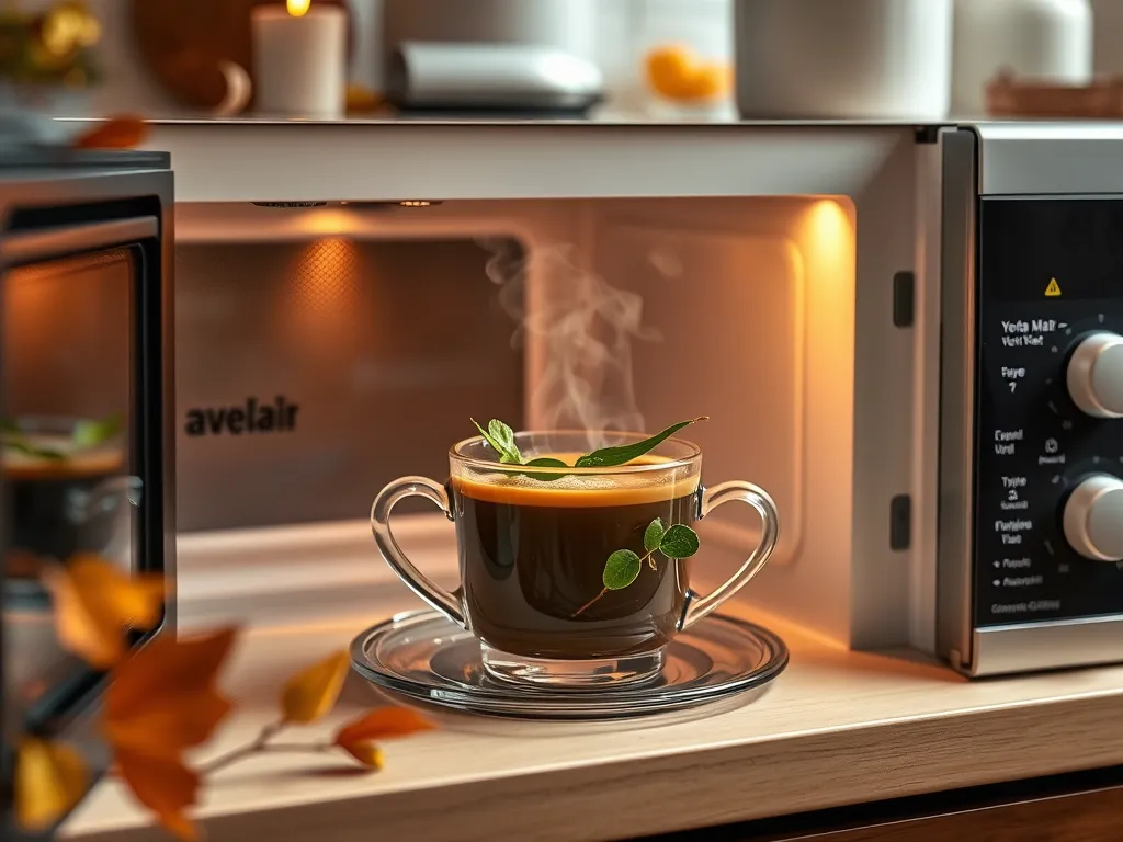 A steaming cup of yerba mate inside a microwave, showcasing a method for faster brewing.