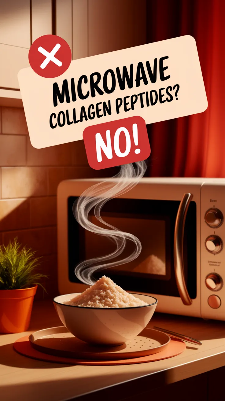Bowl of collagen peptides with a microwave in the background, cooking tips for collagen.