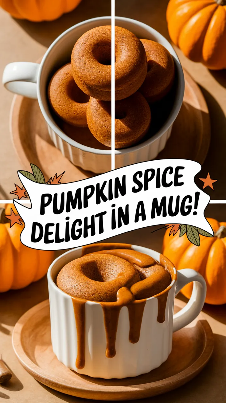 Delicious mini pumpkin spice cakes in a mug topped with caramel sauce, perfect for a quick treat.